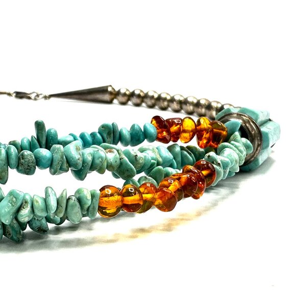 Vintage Navajo Four-Strand Turquoise and Amber Necklace w/Fluted Barrel Beads - Picture 4 of 14